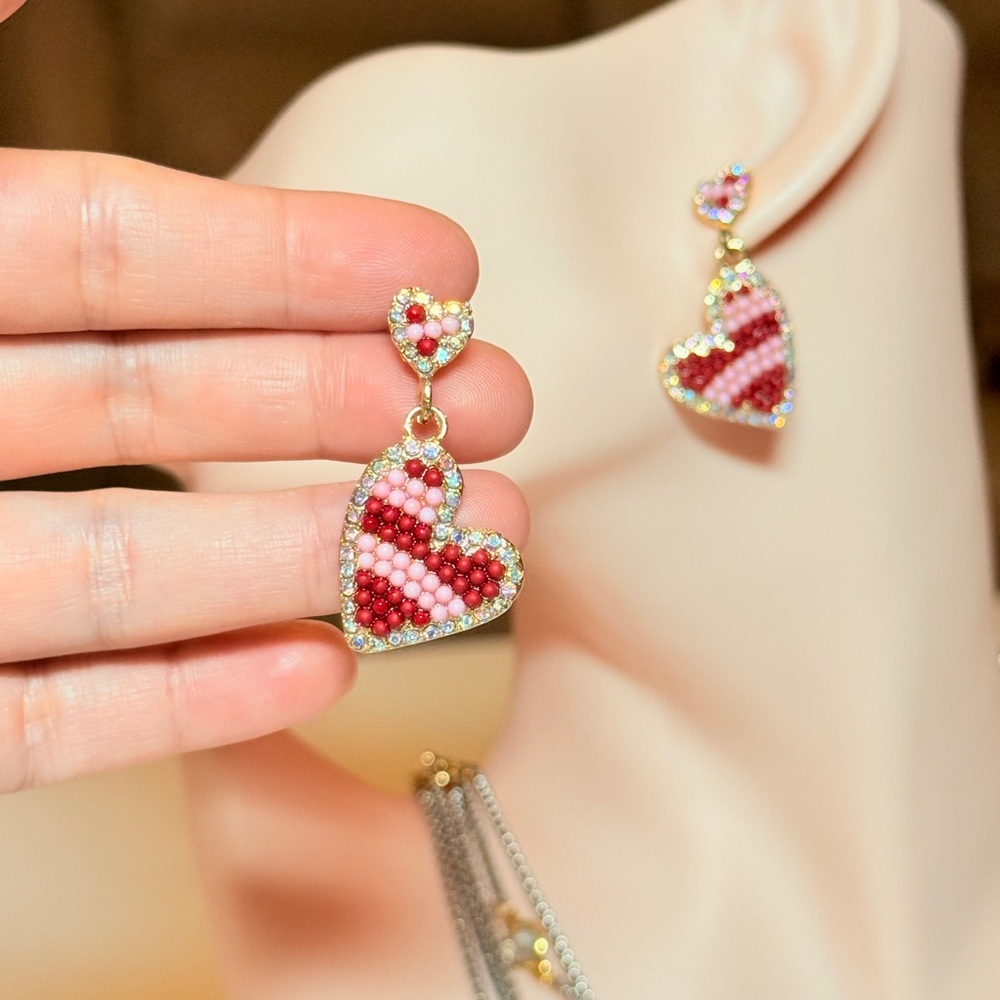 Red Beaded Heart Drop Earrings - Women Jewelry - Picture 3 of 11